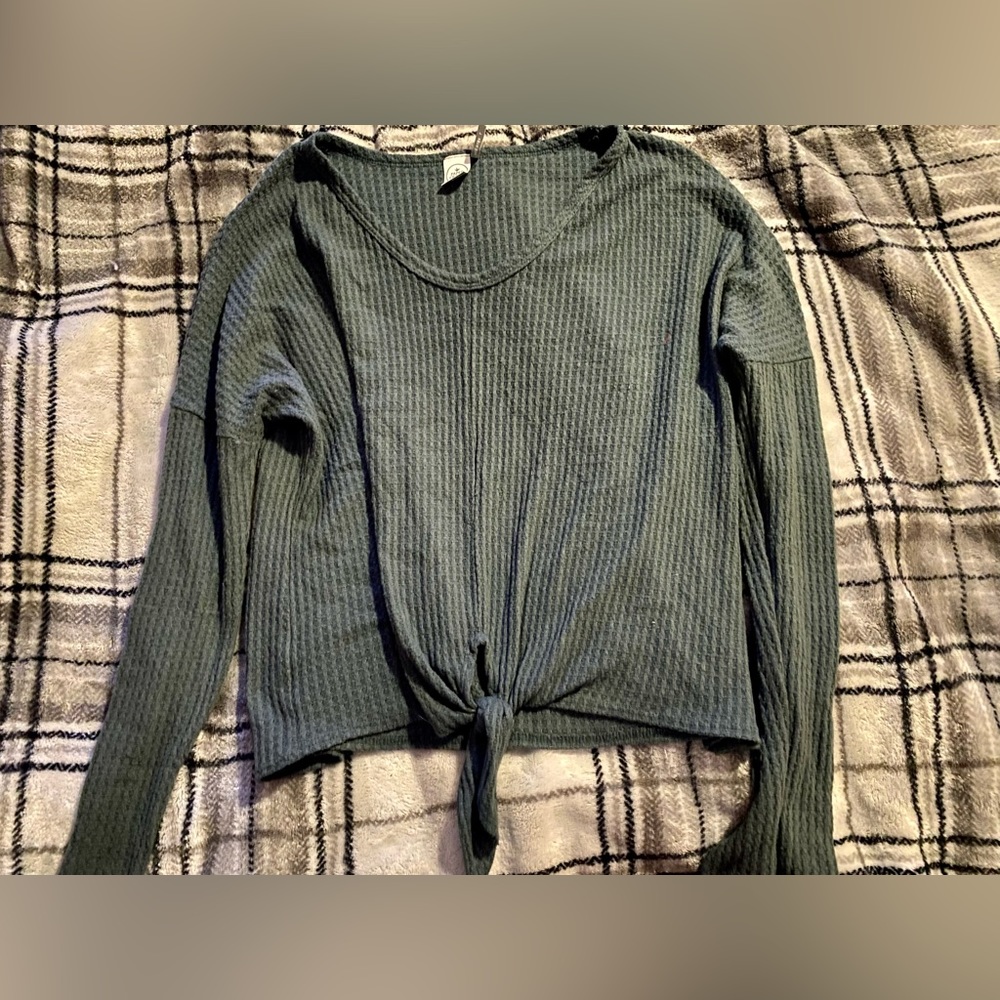 Green knit tie front sweater